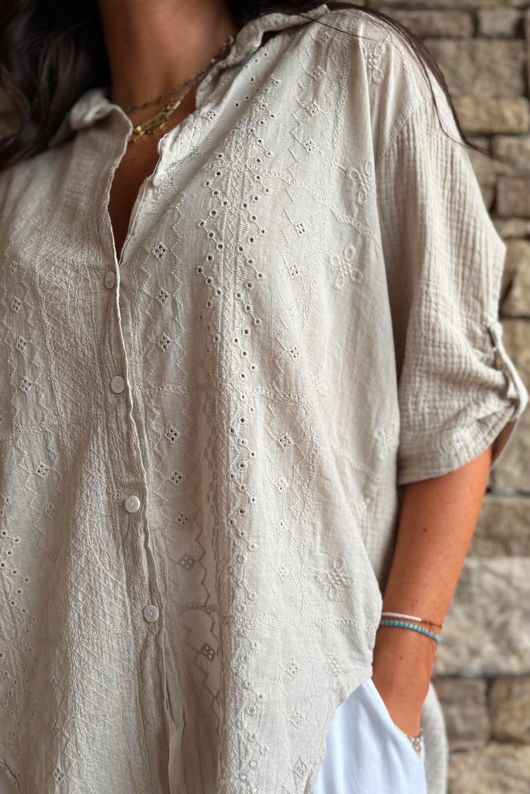Pia Pillow Cotton Embroidered Tile Classic Shirt Stone